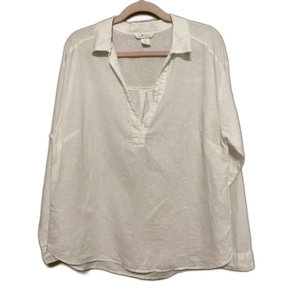 H&M Linen Blend Popover Top Womens Medium White Roll Tab Sleeve Coastal Beach - Picture 1 of 7